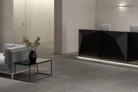 Part of Johnson Tiles’ new porcelain collection, Tundra grey 600 mm × 600 mm rectified tiles complement this commercial space to achieve a contemporary, industrial feel.