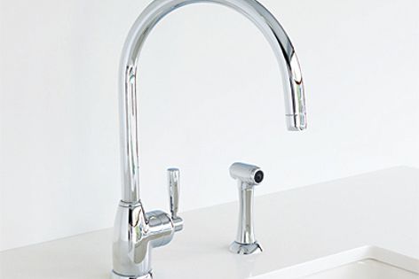 The Mimas monobloc kitchen mixer is available in a chrome or pewter finish.