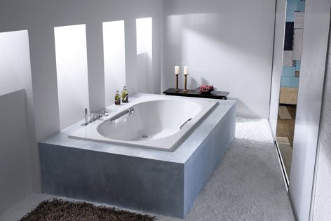 Roca’s white acrylic Vythos bath range is ideal for smaller bathrooms.