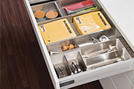 Busy kitchens can be kept organized with Triomax drawer runner system with Organiseplus inserts.