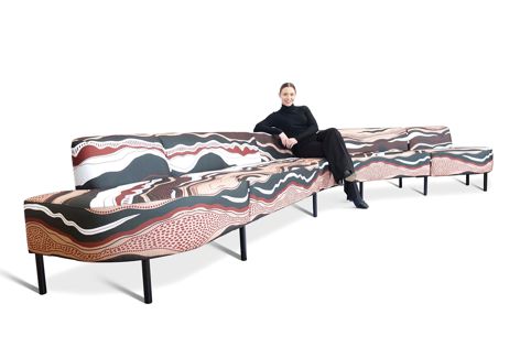 The Sevens Sofa from Mandura was designed by Leah Bennet. The wave motif throughout the Bidi pattern represents movement and the land.