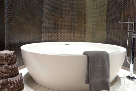 The Lunar stone-composite freestanding bath is available in three sizes.