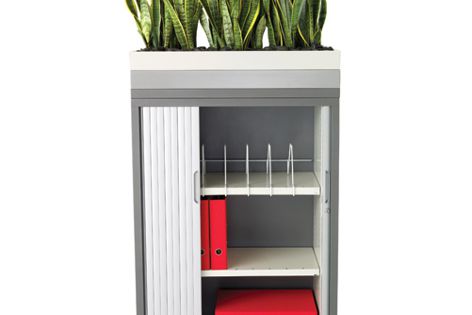 The Strata Tambour cabinet combines storage with an indoor planter for a green working environment.