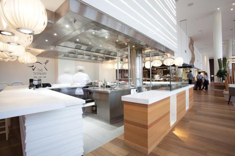 Two open kitchens in The Ternary restaurant feature Halton Ventilated Ceiling solutions by Stoddart.