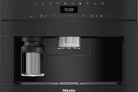 Miele CVA 7440 built-in coffee machine, shown in Obsidian Black, features wifi connectivity and smartphone control.